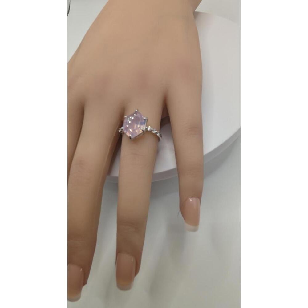 Silver Ring with Hexagonal Pink Gemstone and Decorative Side Stones Size 7 - Picture 3 of 8